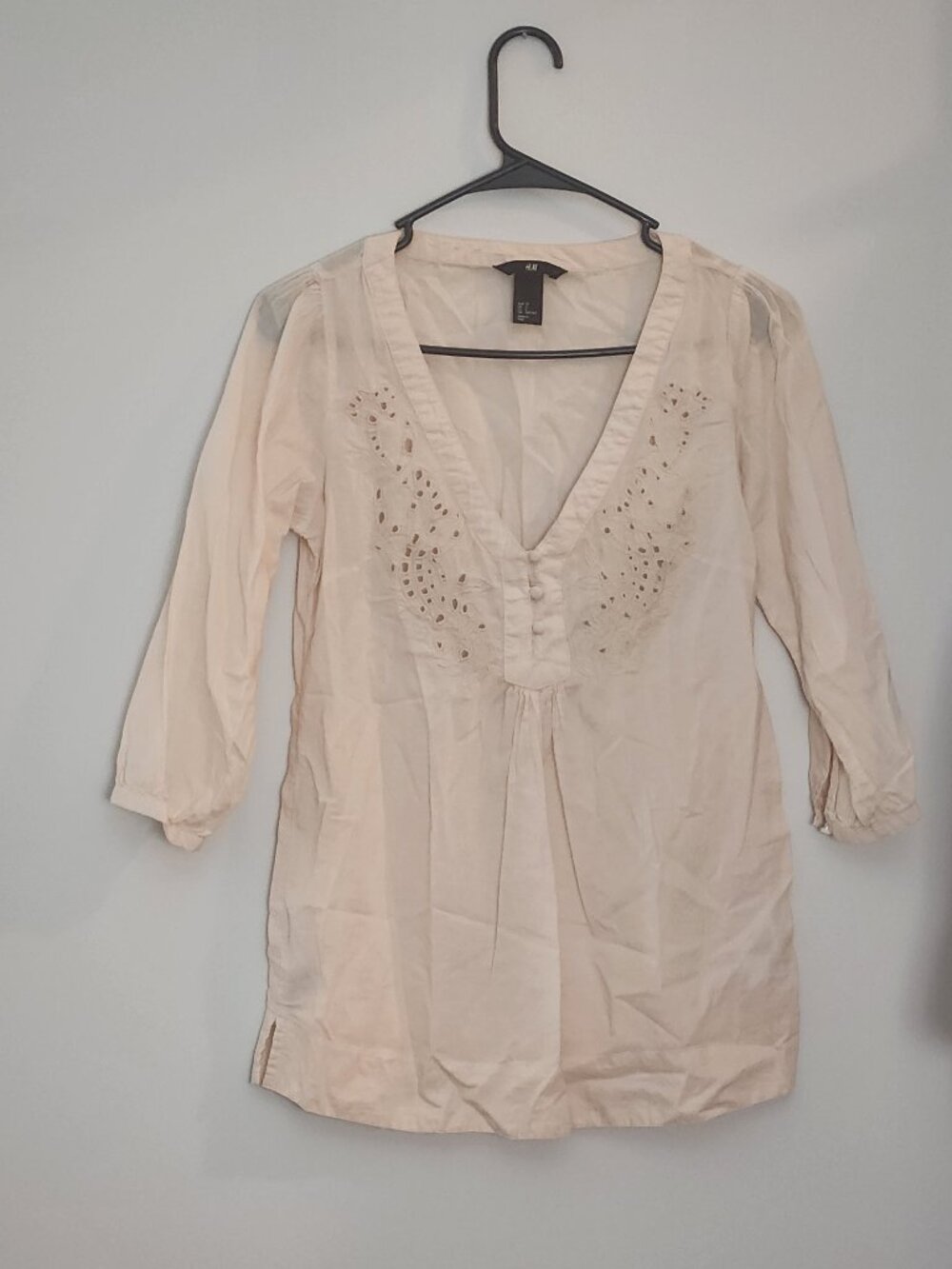 H&M Beige Cotton Eyelet Boho Tunic Blouse XS 2